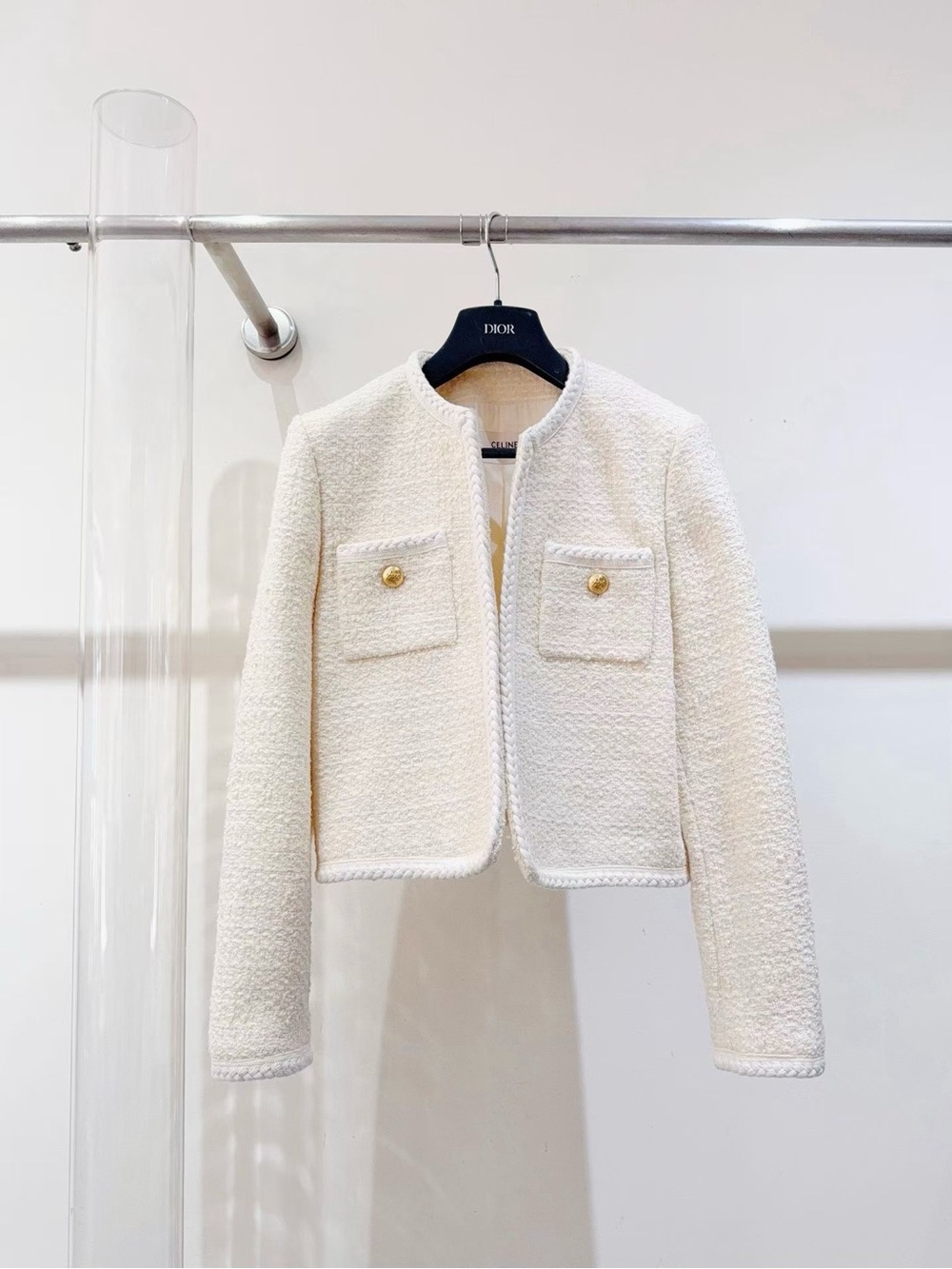 Celine Cream Bouclé Collarless Jacket with Gold Buttons